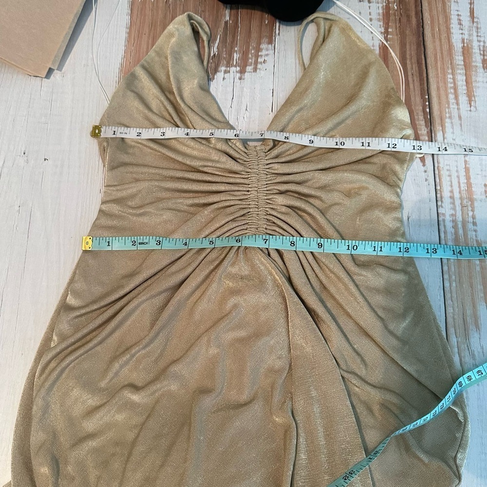 Beige Ruched V-Neck Midi Dress - Picture 8 of 11